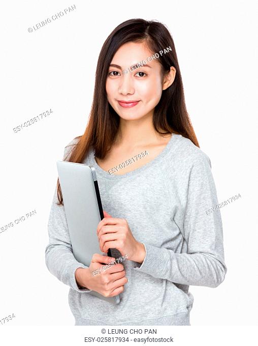Young woman hold with laptop computer