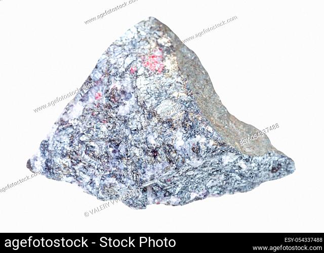 closeup of sample of natural mineral from geological collection - piece of raw Stibnite (Antimonite) rock isolated on white background