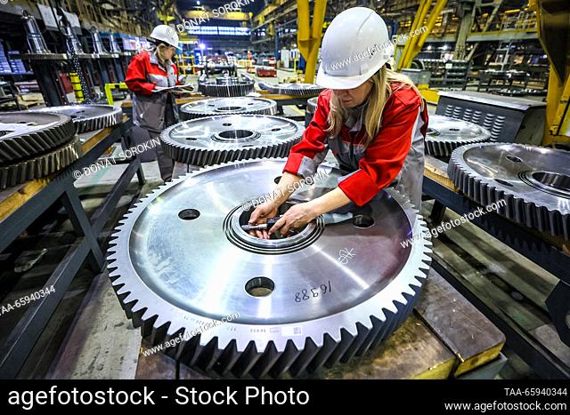 RUSSIA, SVERDLOVSK REGION - DECEMBER 19, 2023: Lastochka ES104 high-speed electric train wheelsets are seen during a quality control at the Ural Locomotives...