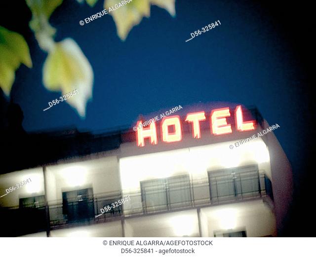 Hotel at night, Benidorm, Alicante Province, Spain