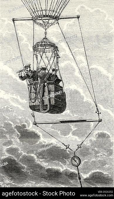 Nacelle of a captive aerostat built for the Russian army by Gabriel Yon. Old 19th century engraved illustration from La Nature 1885