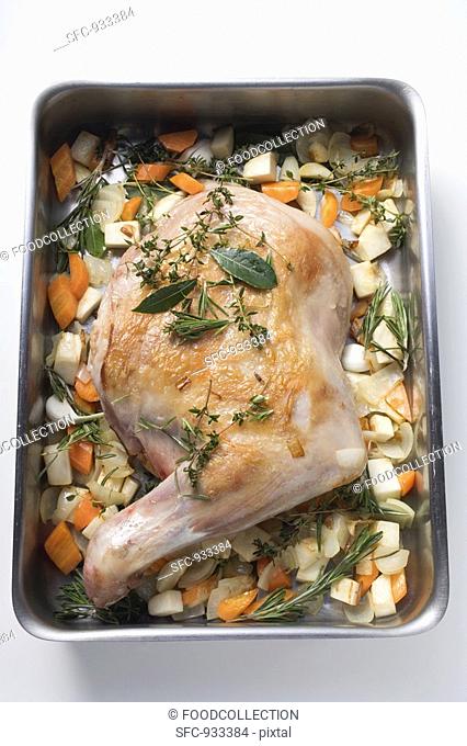 Browned leg of lamb & vegetables in roasting tin, for braising