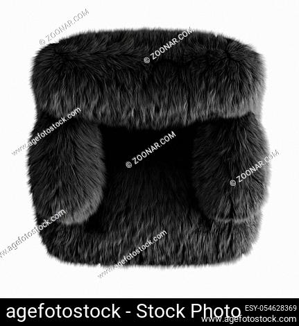 Beautiful black fluffy chair made of wool on isolated background top view. 3D rendering