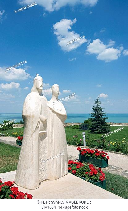 Statue of King Andras, Andrew I and his wife Anasztazia, Anastasia, in Tihany, Lake Balaton area, Hungary, Europe