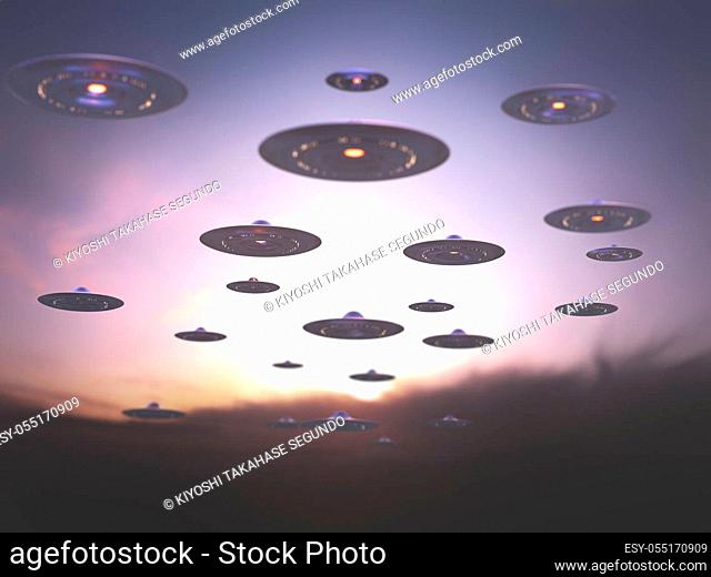 Invasion of alien spaceships under the sky at sunset