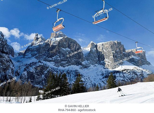 Sella Ronda ski area, Val Gardena, Sella Massif range of mountains under winter snow, Dolomites, South Tirol, Trentino-Alto Adige, Italy, Europe