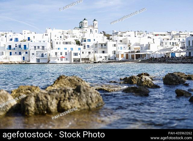 Paros, Greece 2023, A scenic view of the beautiful village of Naousa on Paros island, Greece, View of the village of Naousa, Paros island, Greece