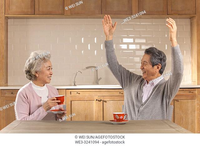 Happy old couple drinking tea and having conversation in the kitchen, Chinese ethnicity