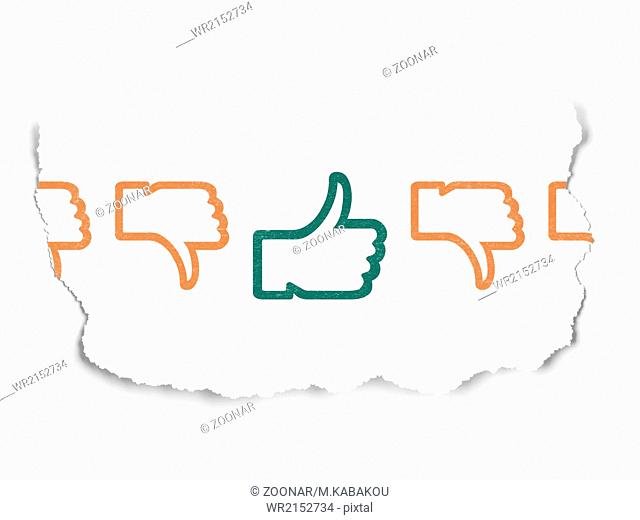 Social network concept: thumb up icon on Torn Paper background