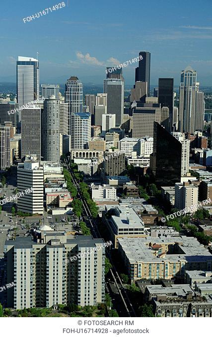 Seattle, WA, Washington, downtown, skyline, aerial from Space Needle