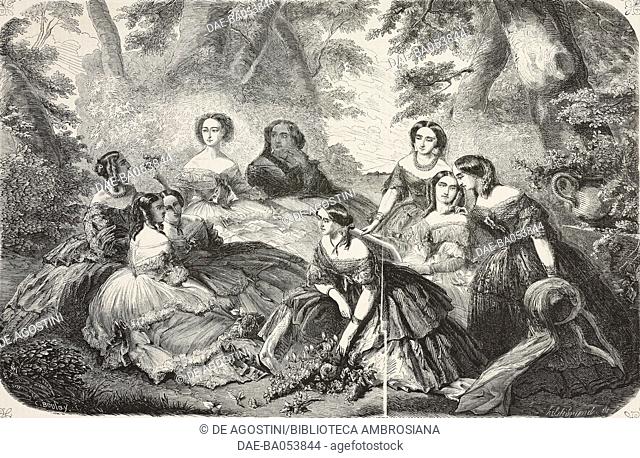 Empress Eugenia de Montijo with her maids of honour, France, illustration from L'Illustration, Journal Universel, No 695, Volume XXVII, June 21, 1856
