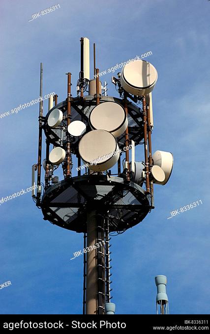 Radio relay station, antenna mast, Wasserkuppe, Rhön, Fulda County, Hesse, Germany, Europe