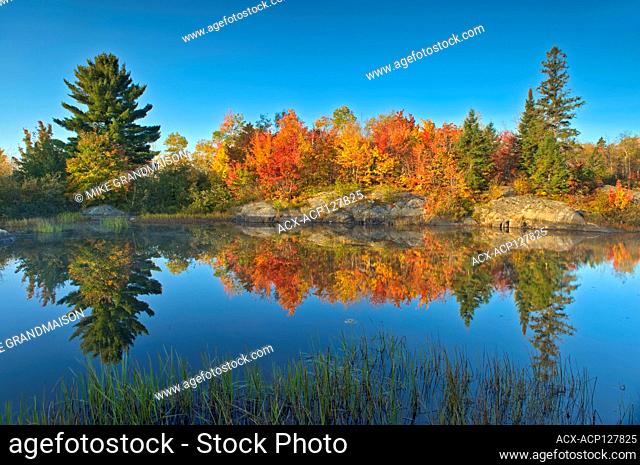 Reflection of autumn colors in St. Poithier Lake, Ontario, Canada