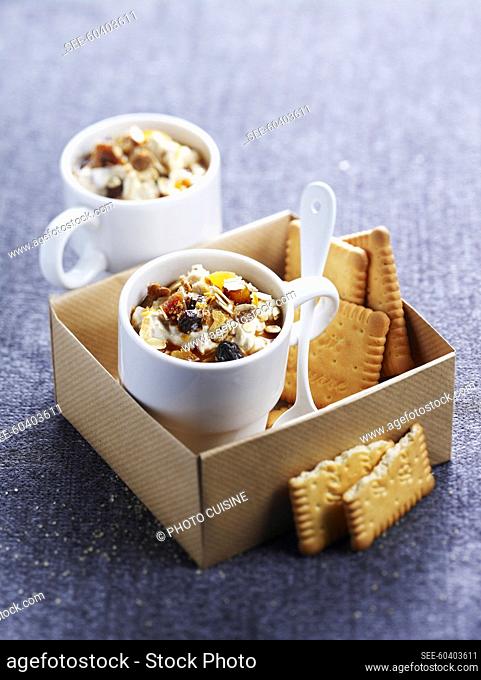 Muesli with dried fruit and nuts and rich tea biscuits