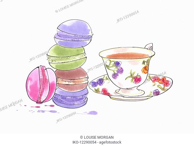 Watercolour painting of macaroons next to cup of tea