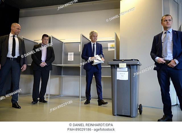Geert Wilders, far-right icon, casting his ballot at a polling station in The Hague, Netherlands, 15 March 2017. Overshadowed by rising tension with Turkey