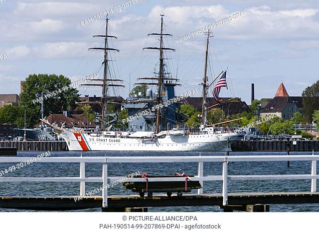 13 May 2019, Schleswig-Holstein, Kiel: The American sailing training ship Eagle is located in the naval base. The US Coast Guard Bark is the sister of the...