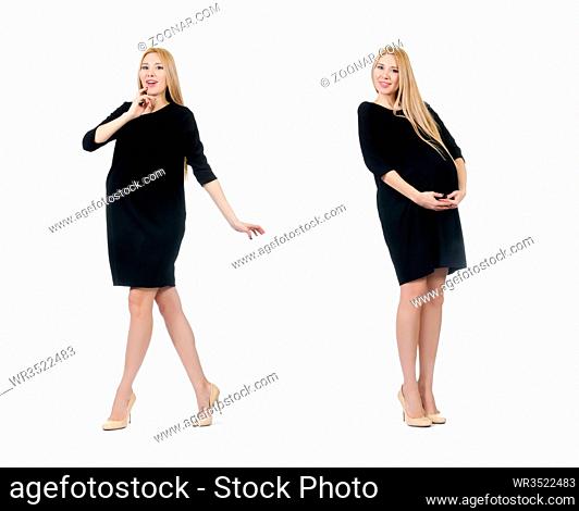 Pretty pregnant woman in mini black dress isolated on white