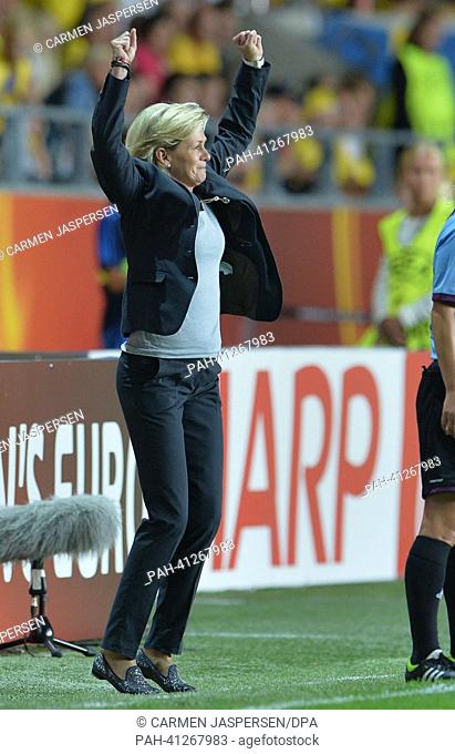 Head coach Silvia Neid of Germany reacts after the UEFA Women's EURO 2013 semi-final soccer match between Germany and Sweden at the Gamla Ullevi Stadium in...