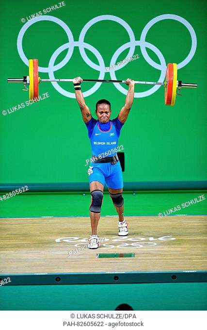 Jenly Wini of the Solomon Islands competes during the Women's 58kg Group B category of the Rio 2016 Olympic Games Weightlifting events at the Riocentro in Rio...