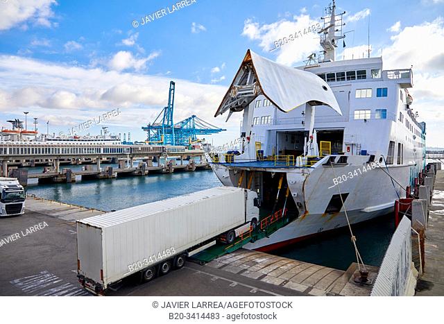 Loading trucks with a trailer, Ferry between Tangier Morocco and Algeciras Spain, Port of Algeciras, Cádiz, Andalucia, Spain, Europe