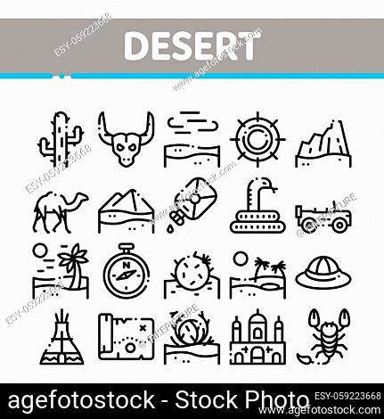 Desert Sandy Landscape Collection Icons Set Vector Thin Line. Desert Sand Dune, Snake And Camel, Car And Scorpion, Compass And Ox Skull Concept Linear...