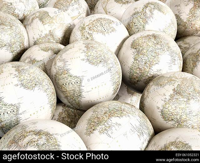 Stack of globes with old world texture map