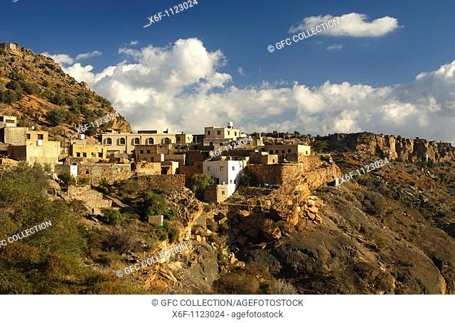 Village of Al Aqor at the upper level of the Saiq Plateau, Jebel al Alkhdar, Al Hajar Mountains, Sultanate of Oman