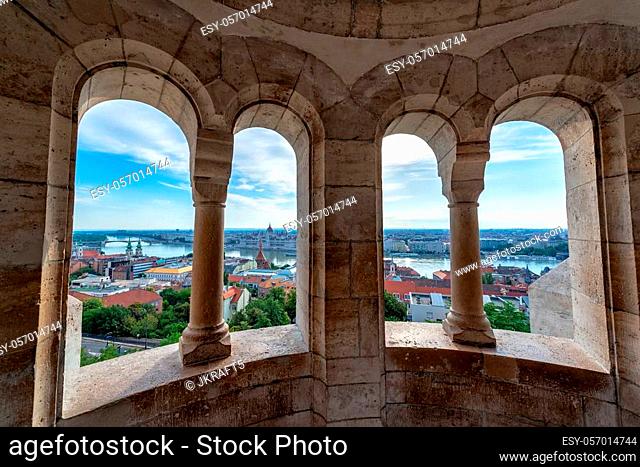 Cityscape of Budapest, Hungary as seen from Fishermans Bastion with the Hungarian Parliament in the background