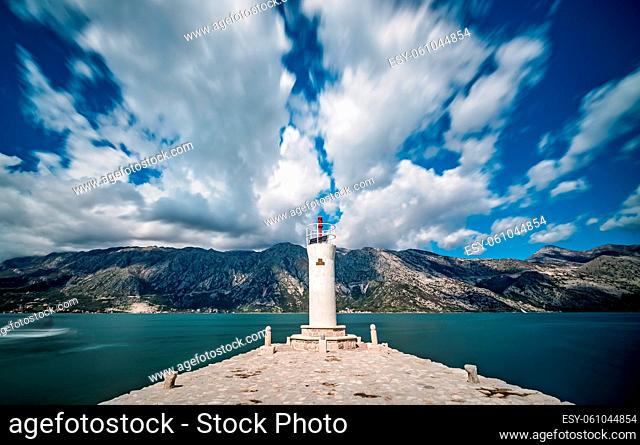 Lighthouse on the artificially built island of Our Lady on the Rock near Perast, Montenegro