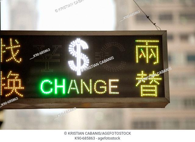 Neon advertising of a money changer with english and chinese characters in Kowloon, Hong Kong, PR China, East Asia