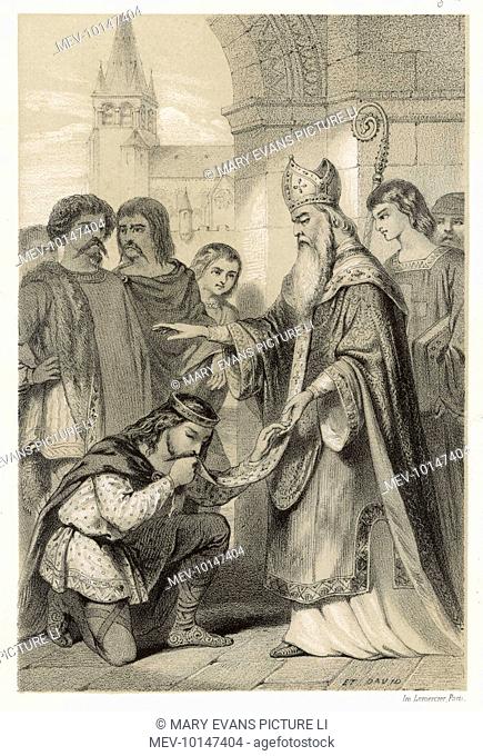 SAINT GERMAIN, bishop of Paris, depicted having his vestment kissed by Clotaire I, king of the Franks, thus acknowledging his authority