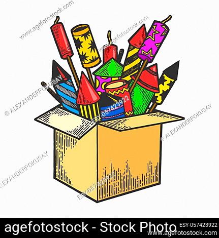 Box with fireworks rockets color sketch engraving vector illustration. Scratch board style imitation. Hand drawn image