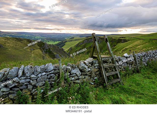 Elevated view of Winnats Pass, Winnats Pass, Hope Valley, Peak District, Derbyshire, England, United Kingdom, Europe