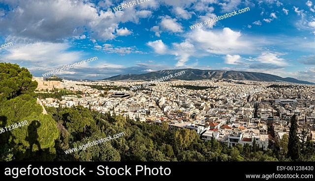 Athens, Attica, Greece - 12 26 2019 View over Athens, taken from the Acropolis hill