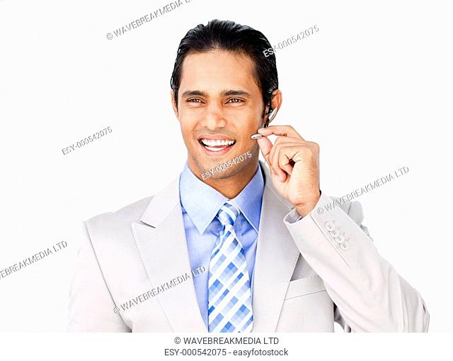 Confident businessman with headset on isolated on a white background