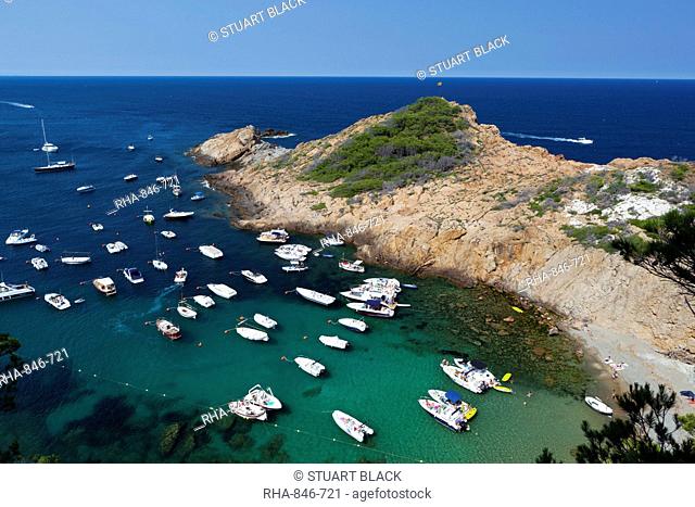 Cove filled with pleasure boats, Sa Tuna, near Begur, Costa Brava, Catalonia, Spain, Mediterranean, Europe