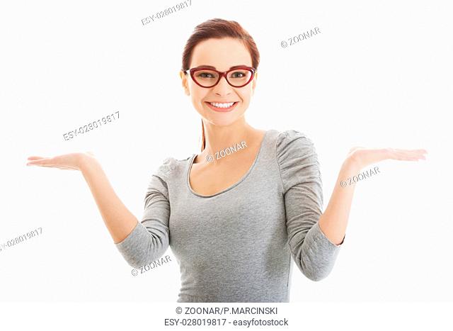 Beautiful casual woman with empty copy space on hands