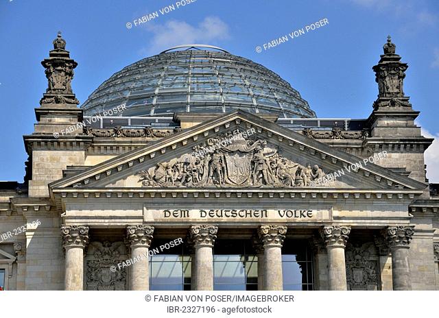 Reichstag building with the lettering dem deutschen Volke, German for to the German people, Government District, Berlin, Germany, Europe, PublicGround