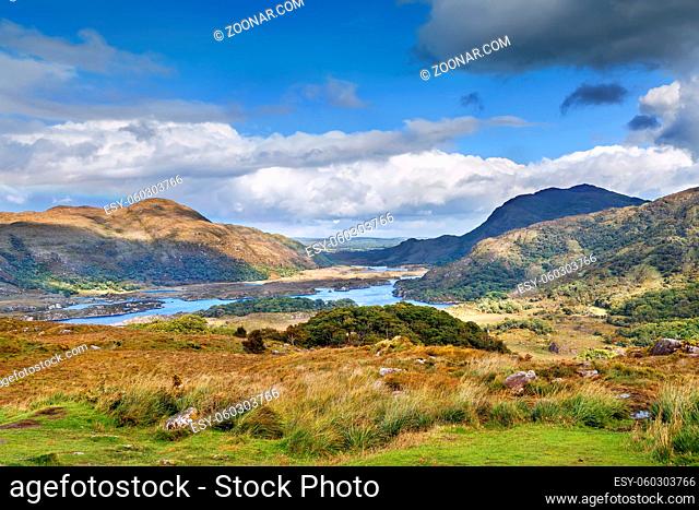 Landscape from Ladies View is a scenic viewpoint on the Ring of Kerry tourist route. Ireland