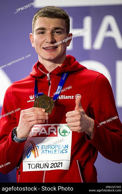 Belgian Thomas Carmoy celebrates on the podium of the men high jump competition at the European Athletics Indoor Championships, in Torun, Poland