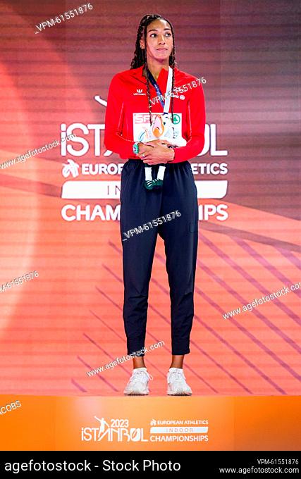 Belgian Nafissatou Nafi Thiam pictured on the podium ceremony of the women's pentathlon competition at the 37th edition of the European Athletics Indoor...