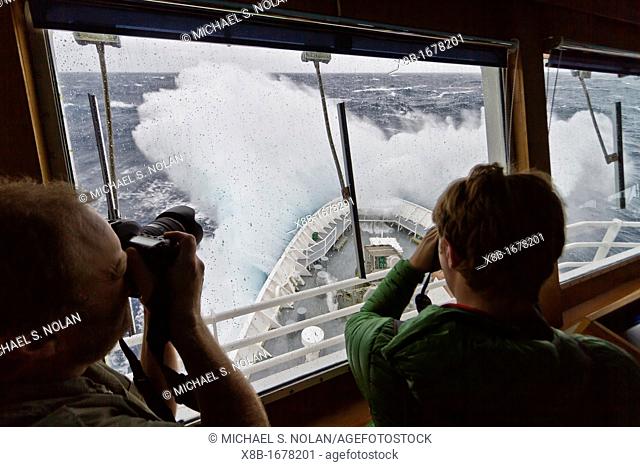 On the bridge of the Lindblad Expeditions ship National Geographic Explorer in a Beaufort Scale 10 storm 35 foot seas and 50+ knot winds in the Drake Passage...