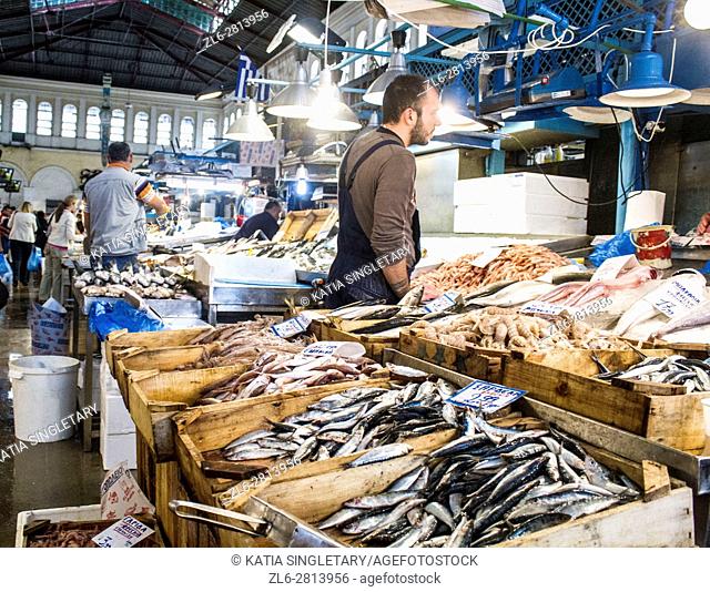 Meat and fish market in Athens, Greece where you can see the exposed meat and fish on the etalage