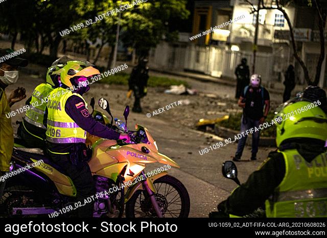Colombia's police patrols during clashes as the Colombian and Argentina teams played a qualifying match for FIFA Quatar World Cup 2022 at the Metropolitano...