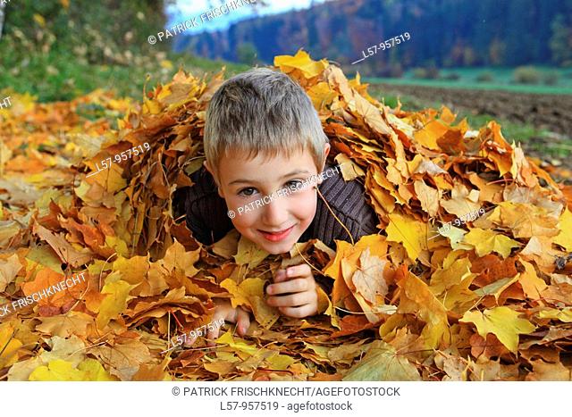 boy lying in pile of leaves, fall Zuerich, Switzerland