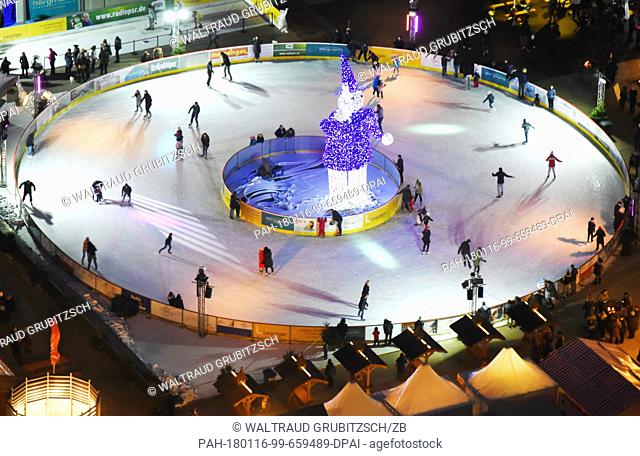 A round area of ice with a diameter of 35 metres is the centre of attraction for ice skaters, photographed at the Augustusplatz in Leipzig, Germany