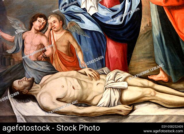 Baroque painting of the altarpiece: Our Lady of the Seven Sorrows. Details. Details: Jesus Christ in the tomb and two angels weeping