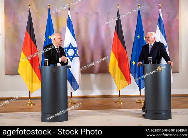 16 March 2021, Berlin: Federal President Frank-Walter Steinmeier (r) and Reuven Rivlin, President of Israel, make remarks at a press conference following their...