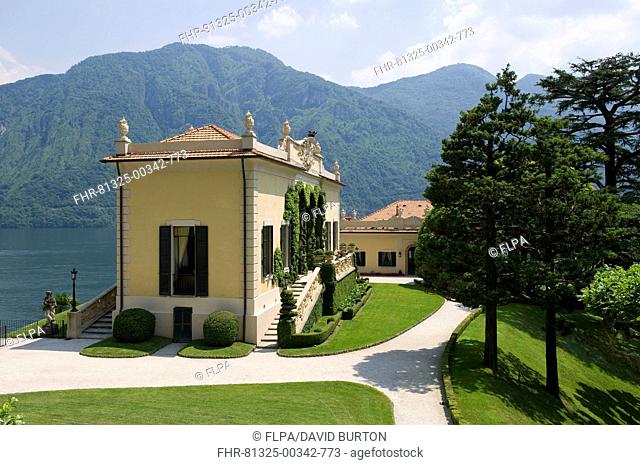Villa and garden beside lake, Villa Balbianello, Lake Como, Lombardy Italy